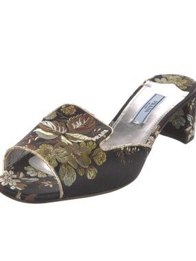 Prada Black Floral Brocade Open-Toe Mule with Gold Accents